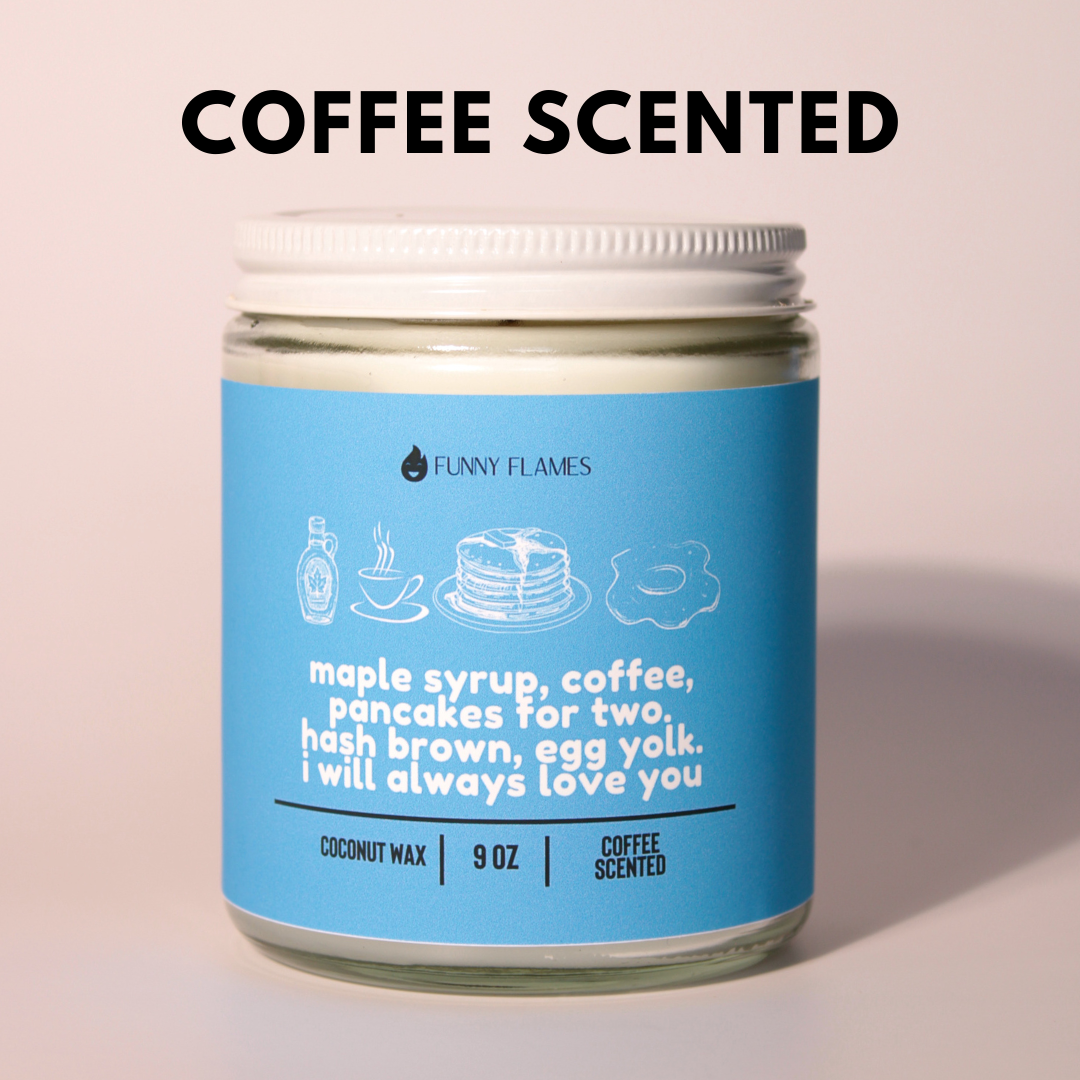 Maple syrup, coffee, pancakes for two. hash brown, egg yolk