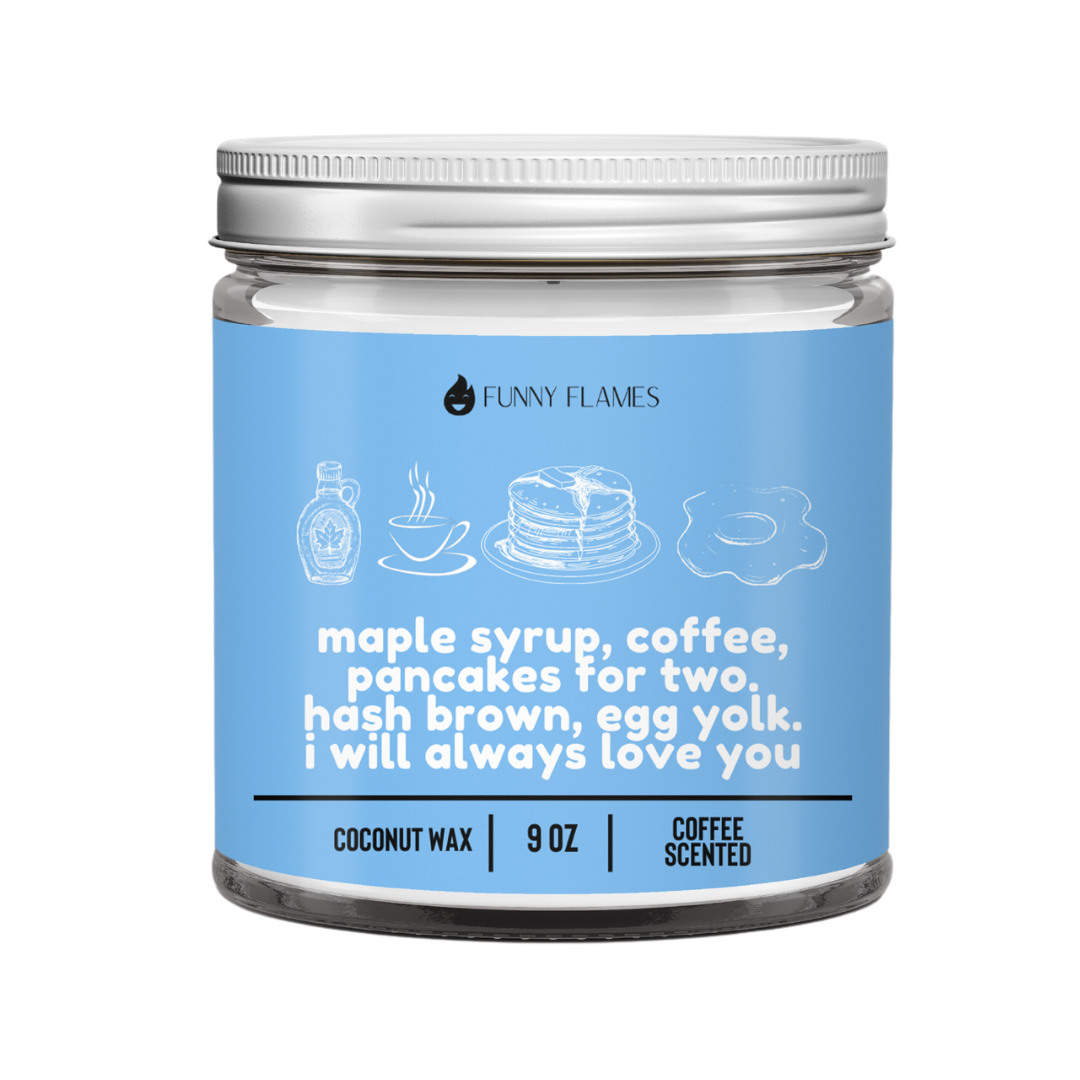 Maple syrup, coffee, pancakes for two. hash brown, egg yolk